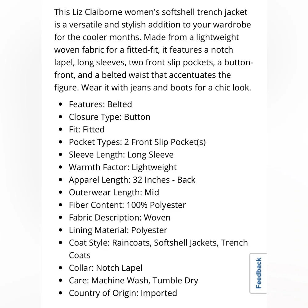 Liz Claiborne Women’s Belted Lightweight Softshell Trench Jacket - Picture 8 of 9